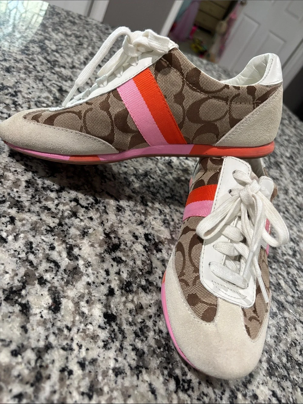 Coach Brown Signature Canvas Sneakers with Pink & Orange StripesY2K 2008